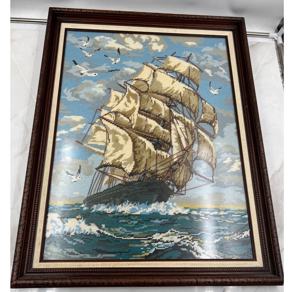 Vintage Nautical Needlepoint Framed Art Clipper Ship Seagulls Ocean 18x24 Large
